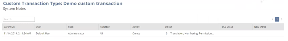 Sample Custom Transaction Type system notes v2 showing creation details.