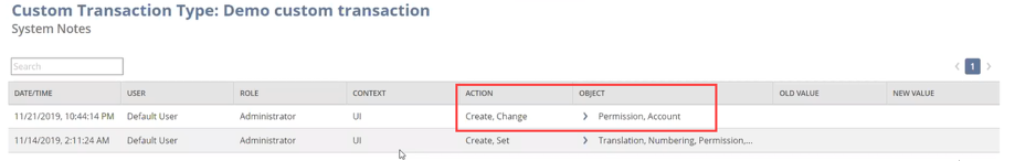 Sample Custom Transaction Type system notes v2 with a new entry outlined in red.