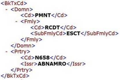 A section of a CAMT.053-formatted file that shows the ISO bank transaction and custom bank codes.