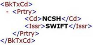 A section of a CAMT.053-formatted file that shows the custom or proprietary code.