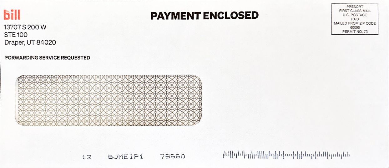 Sample payment envelope for a vendor check payment.