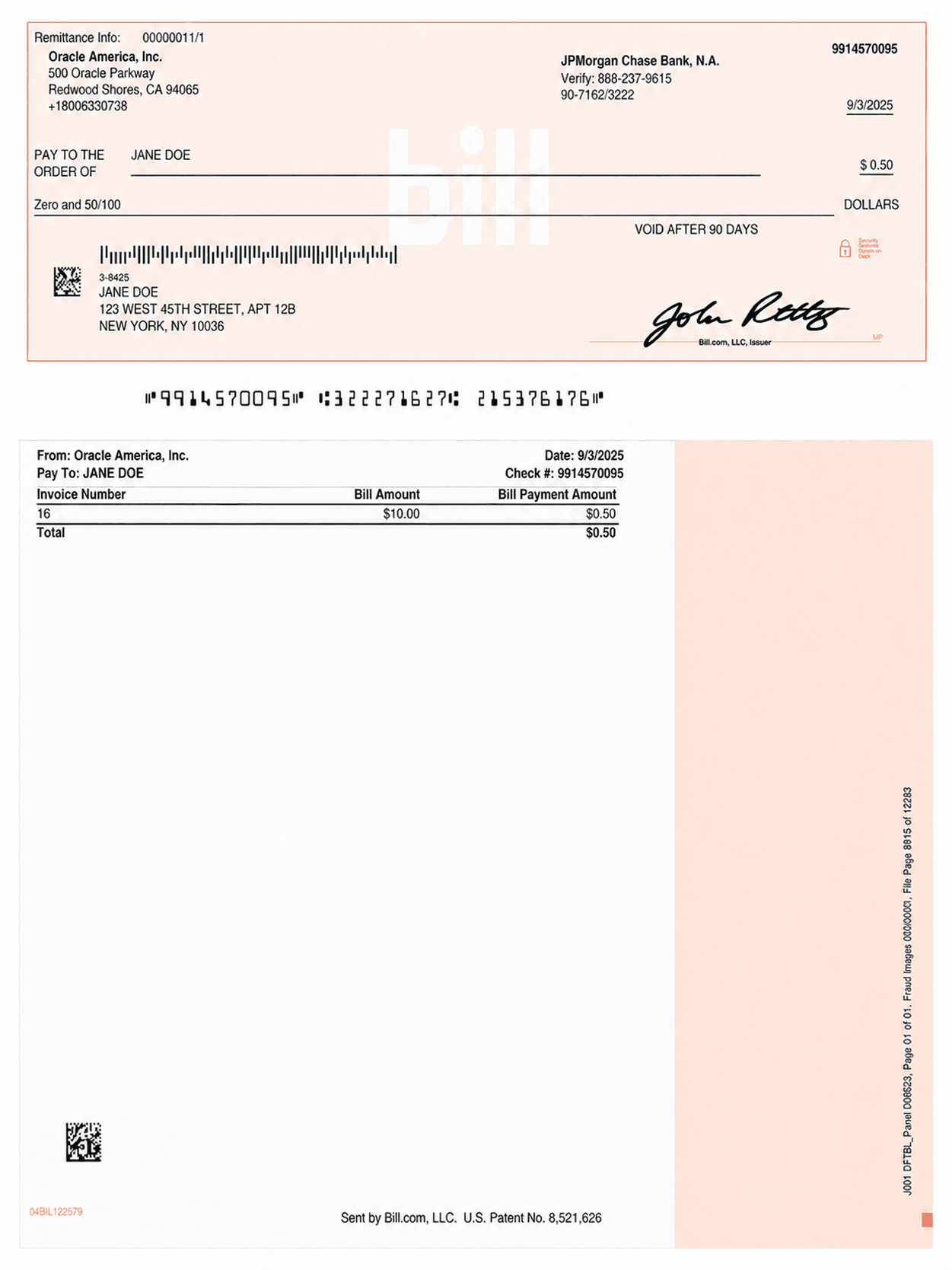 Sample check payment with remittance details for a vendor.