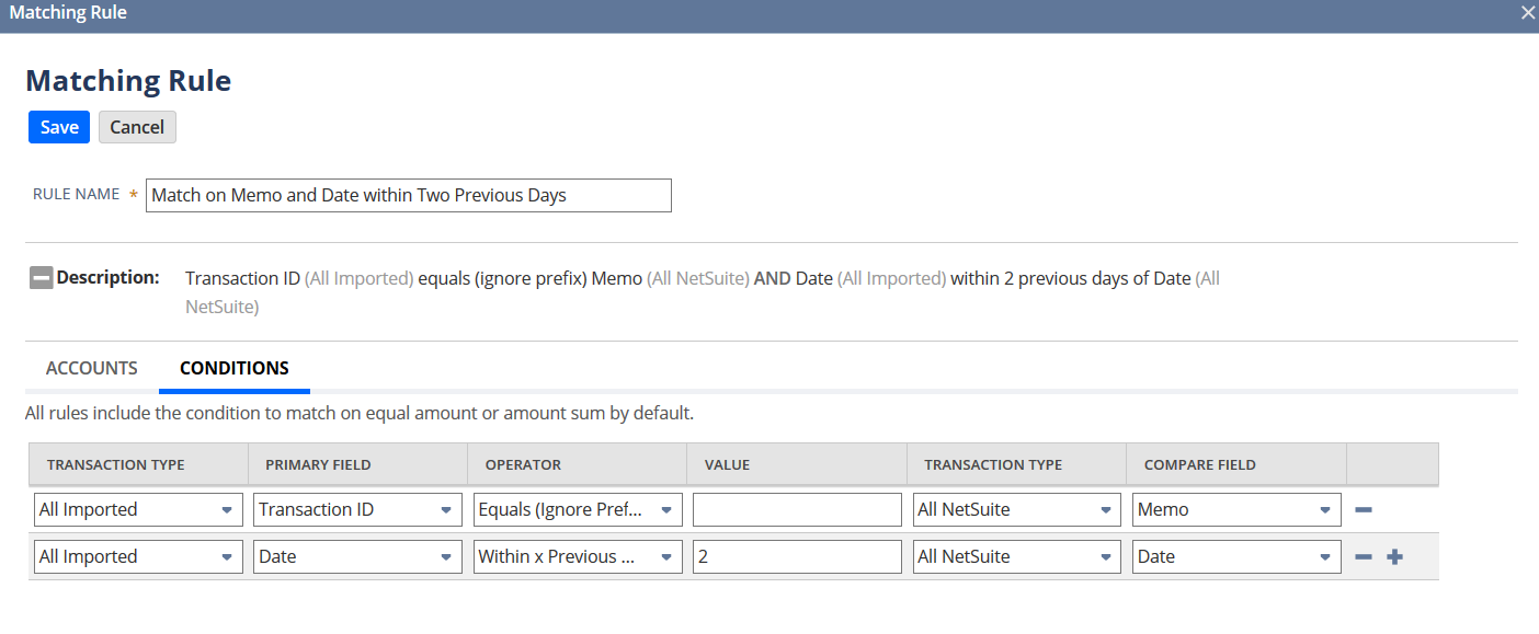 An example of a matching rule that uses the Memo and Date fields to produce a transaction match.