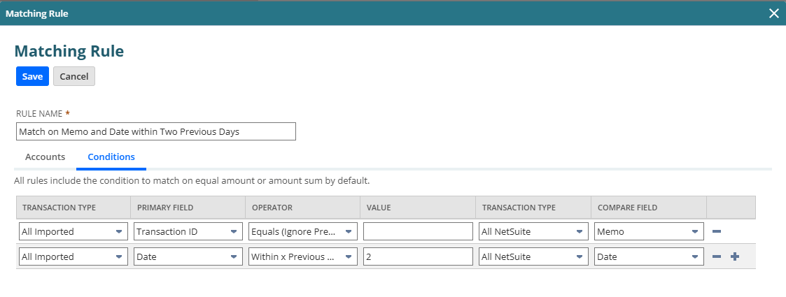 An example of a matching rule that uses the Memo and Date fields to produce a transaction match