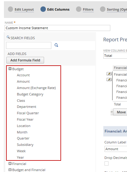 Screenshot of the Edit Columns page of the Financial Report Builder showing the Budget folder with fields you can add