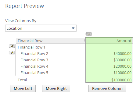 Screenshot of the Edit Columns page of the Financial Report Builder showing the View Columns By list with the Location dimension selected