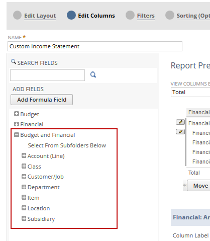 Screenshot of the Edit Columns page of the Financial Report Builder showing the Budget and Financial folder with fields you can add