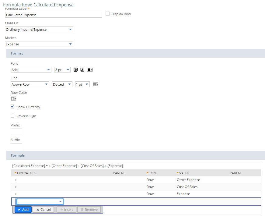 Screenshot of the Edit Columns page of the Financial Report Builder showing a formula row for a calculated expense displayed as a percentage