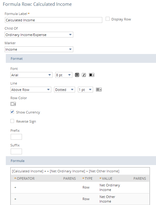 Screenshot of the Edit Columns page of the Financial Report Builder showing a formula row for calculated income displayed as a percentage