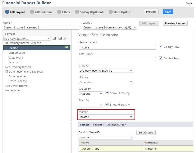 Screenshot of the Edit Columns page of the Financial Report Builder with the Marker field outlined and set to Income