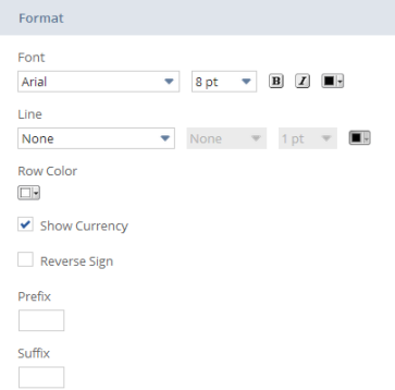 Screenshot showing format options for reference rows on the Edit Layout page of the Financial Report Builder