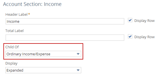 Screenshot of the field that controls section hierarchy, the Child Of list, for the Income account section on the Edit Layout page of the Financial Report Builder