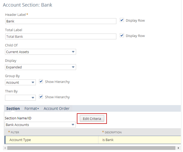 Screenshot of the right pane of the Edit Layout page in the Financial Report Builder with the Edit Criteria button outlined in red