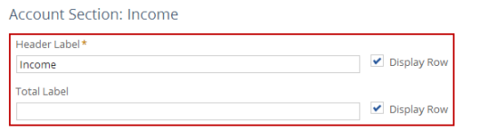 Screenshot of the Header Label and Total Label fields for the Income account section on the Edit Layout page of the Financial Report Builder