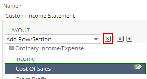 Screenshot of the Add Row/Section area of the Edit Layout page of the Financial Report Builder with the delete button outlined in red