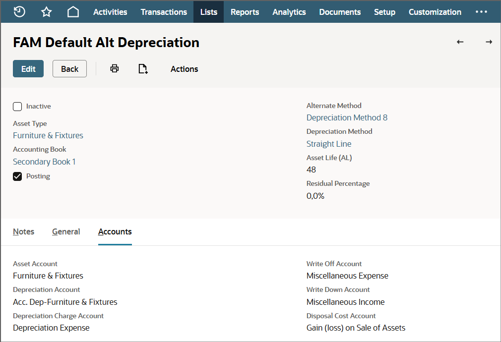 Accounts subtab of the FAM Default Alternate Depreciation