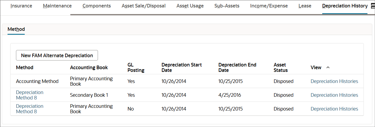 Alternate Depreciation History subtab of the Tax Method