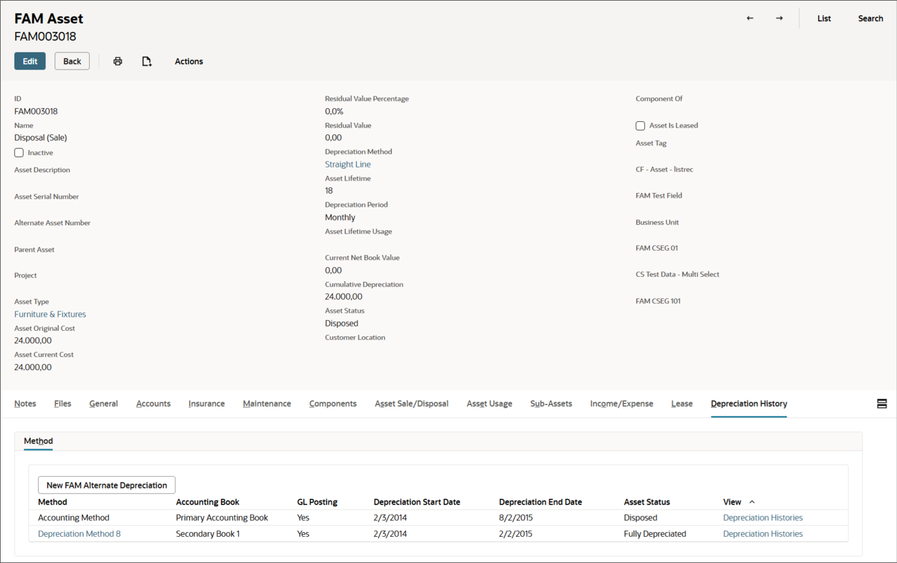 Asset sale or disposal in multi-book accounts