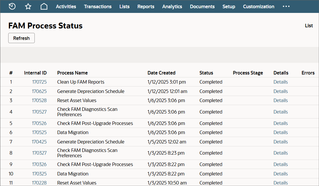 FAM Process Status page