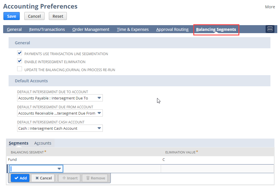 Balancing Segments subtab on the Accounting Preferences page