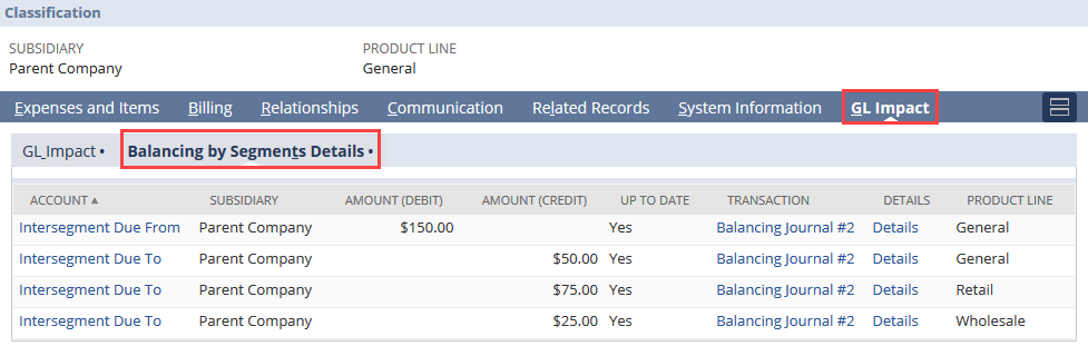 Balancing by Segments Details in the GL Impact subtab