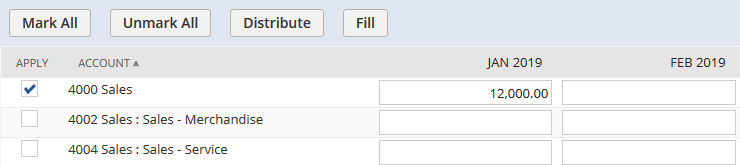 Screenshot of a portion of a Budget page showing general ledger account line, two accounting periods, and the buttons you can use to populate other periods