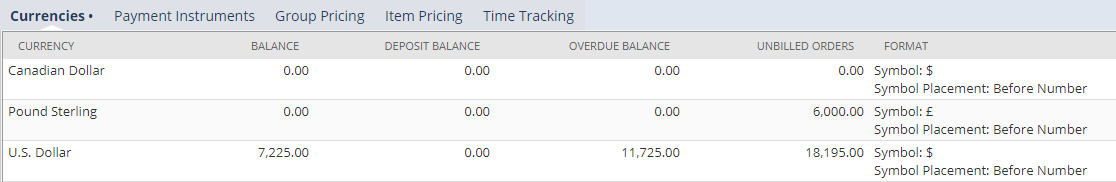 Screenshot showing customer record Financial subtab Currencies subtab with balances in transaction currencies