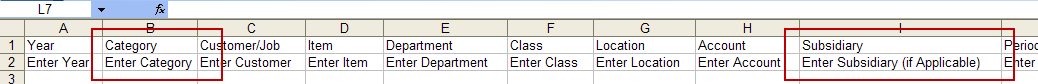 Screenshot of a portion of the NetSuite Budget CSV file with Category and Subsidiary columns outlined in red