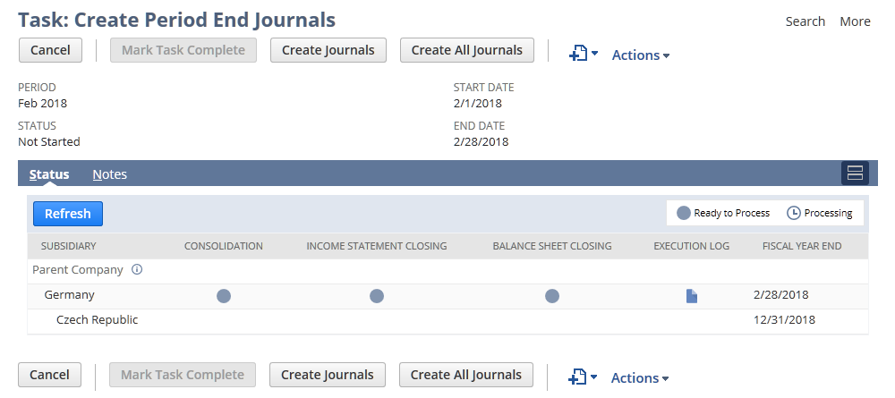 Task: Create Period End Journals page showing the subsidiary hierarchy display and blue circles for period end journals that need to be created for period close