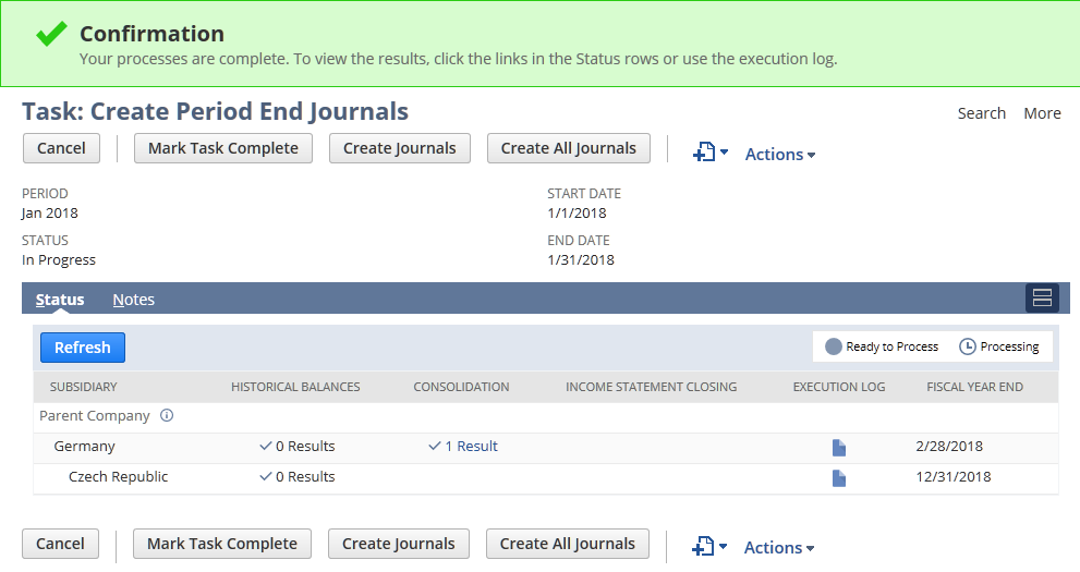 Task: Create Period End Journals page with confirmation message that processes are complete and checkmarks for processes in the list