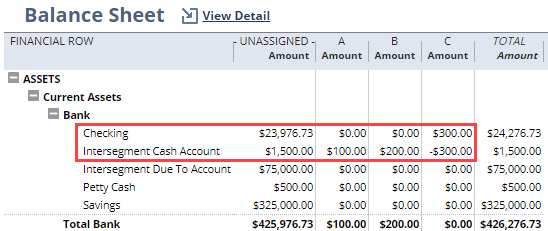 Balance sheet that highlights checking and intersegment cash account