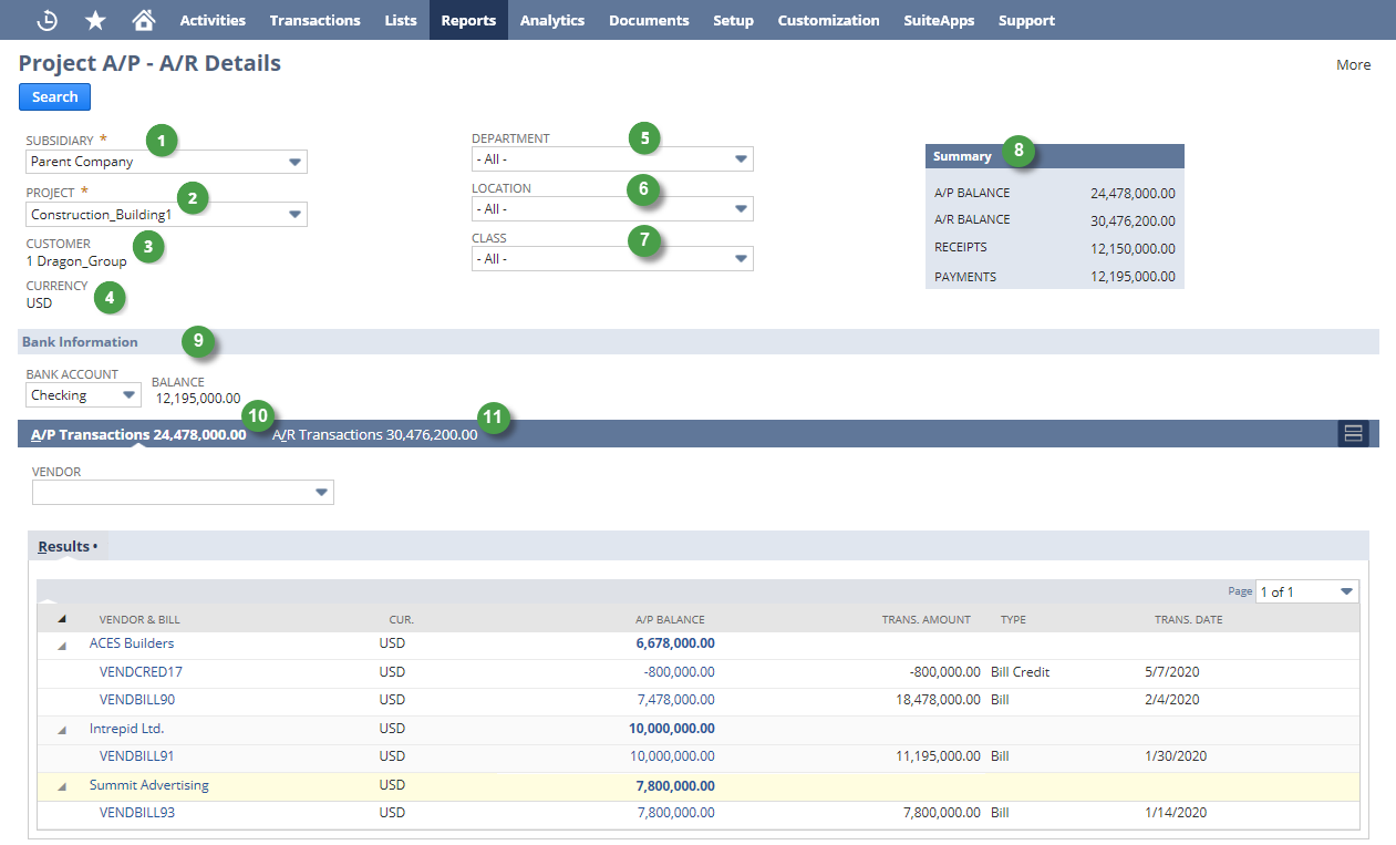 Project A/P – A/R Details page.