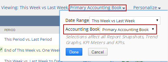 Settings link and popup that shows Date Range and Accounting Book