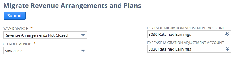 Screenshot of the Migrate Revenue Arrangements and Plans page showing all of the fields populated