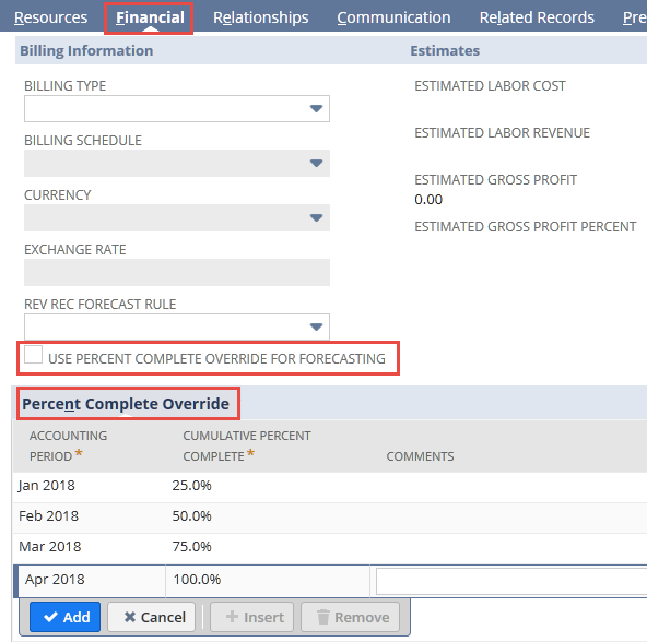 Screenshot showing the Percent Complete Override subtab on the Financial subtab of a project record