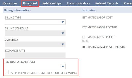 Screenshot showing the Rev Rec Forecast Rule