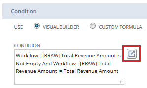 Screenshot of the Condition section on the Workflow Transition page with the Open icon outlined in red