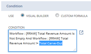 Screenshot of the Condition field in the Visual Builder showing updated selection for the amount validation field