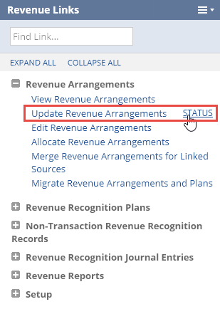 Screenshot showing all of the menu links for the Revenue tab in the Revenue Links portlet