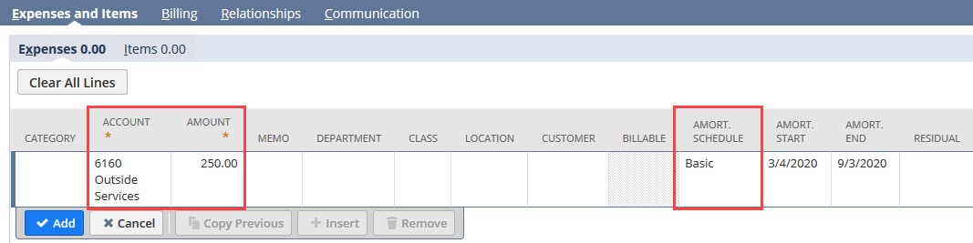 Screenshot of portion of a vendor bill showing the required fields to associate an amortization template with an expense line