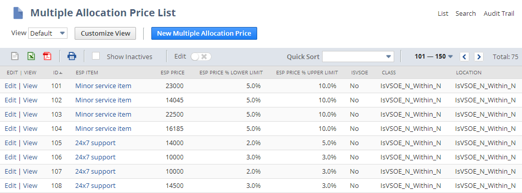 Screenshot of Multiple Allocation Price List showing estimated selling price for each item for each sales dimension combination