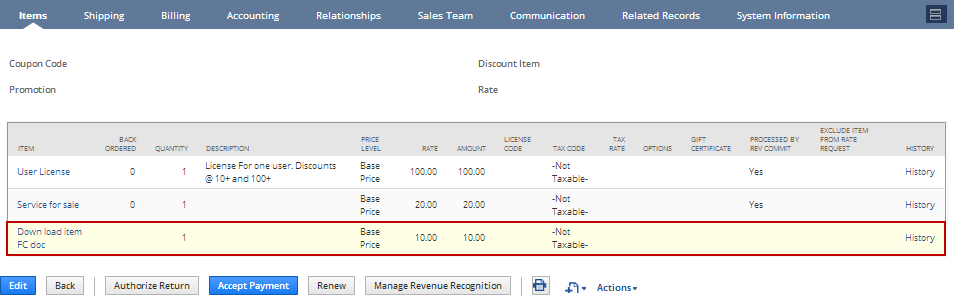 Screenshot of invoice record, Items subtab, with values in the Processed by Rev Commit column