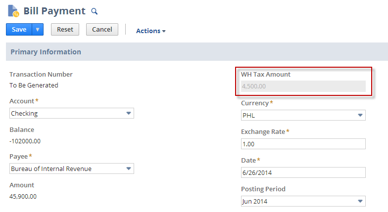 Example of a withholding tax amount on a Bill Payment