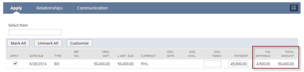 Screenshot of the Tax Withheld and Total Amount columns