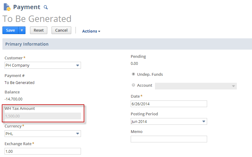 Screenshot of the withholding tax amount on a Payment form