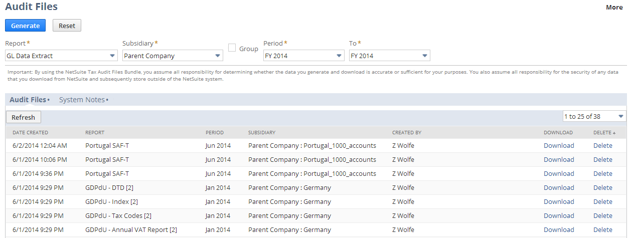 A portion of the Audit Files page.