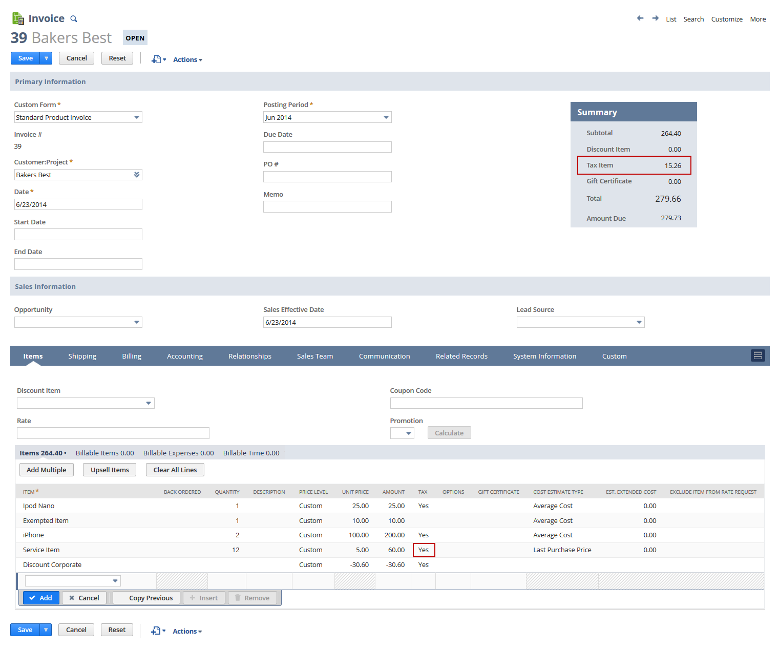 Example of applying a discount to a line item