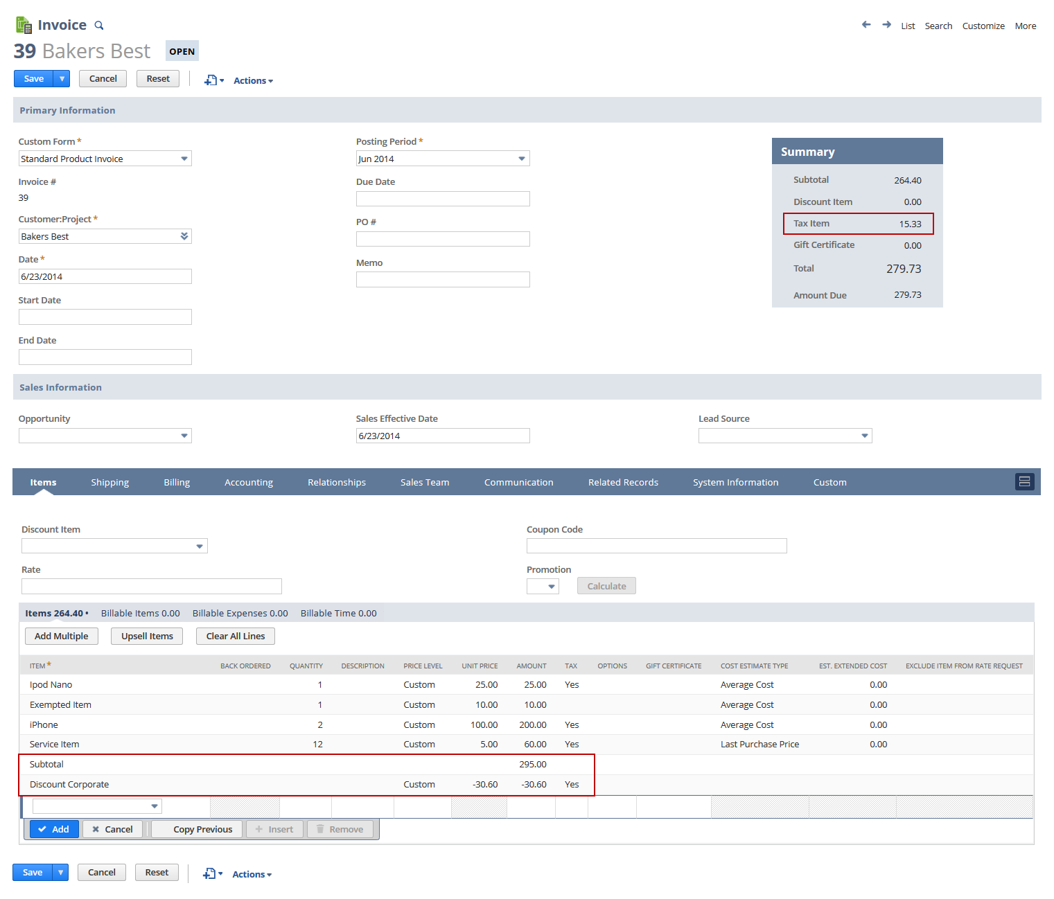 Example of applying a discount to by creating a subtotal item