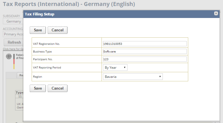 Example of a Tax Filing Setup on a VAT report