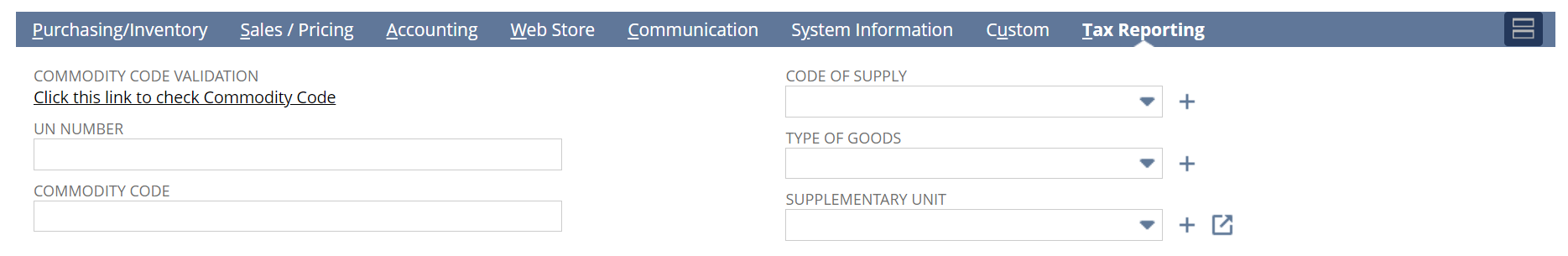 Screenshot of the Commodity Code on EU Intrastat Reporting subtab